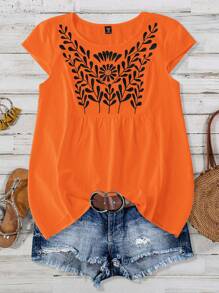 Linhara Blusa casual holgada con estampado de flores bordado en la parte delantera para mujer de talla grande, ideal para vacaciones - Naranja - Ver 1