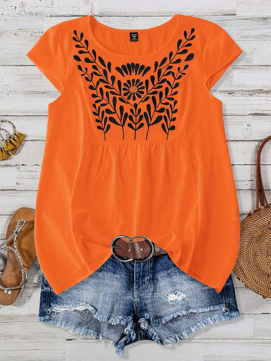 Linhara Blusa casual holgada con estampado de flores bordado en la parte delantera para mujer de talla grande, ideal para vacaciones - Naranja - Ver 1