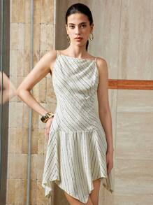 Chiquease 女士休闲优雅通勤不规则下摆条纹细肩带梭织连衣裙 - 彩色 - 查看 6