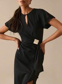 Lilora 女士夏季优雅纯色裹身开衩下摆连衣裙