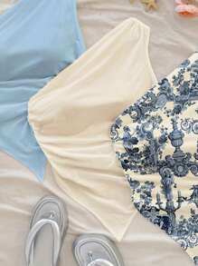 Soleia 3 件套复古不对称下摆花卉印花不对称领口衬衫，复古度假海岛风格，休闲性感可爱椰子女孩波西米亚音乐节风格，适合夏季 - 彩色 - 查看 7