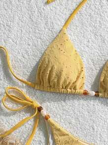 SHEIN Swim 2件套全新镂空提花面料黄色珠饰三角吊带性感比基尼女士泳衣套装 - 黃色 - 查看 8