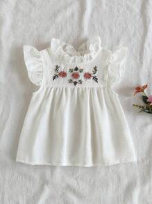 SHEIN Baby Girls' Summer Countryside Lovely Embroidered Flower Pattern Ruffle Princess Blouse Top - White - View 1