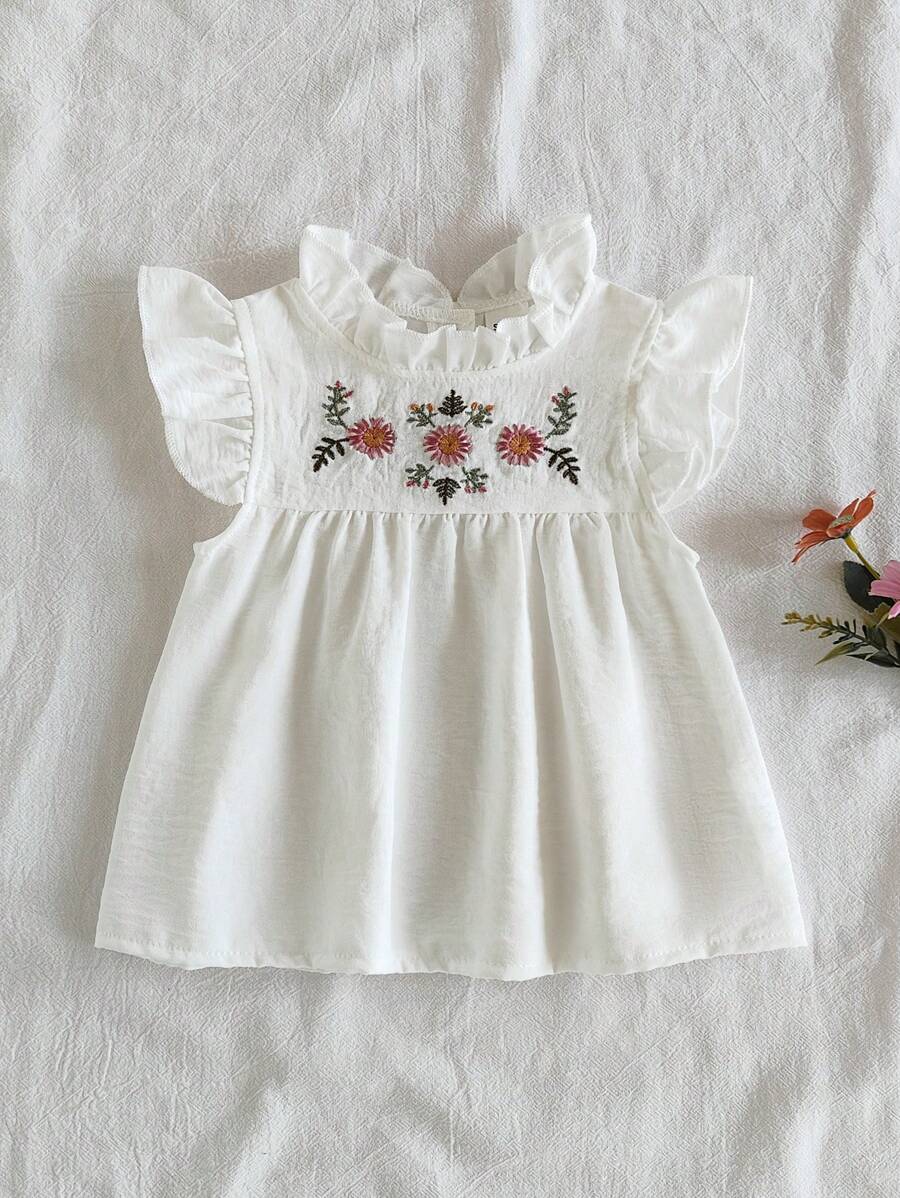 SHEIN Baby Girls' Summer Countryside Lovely Embroidered Flower Pattern Ruffle Princess Blouse Top - White - View 1