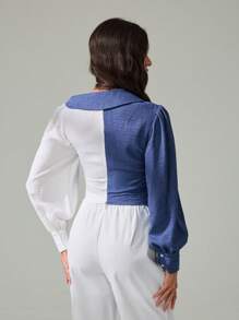 SHEIN Tall Women's Autumn Color Block Ruched Asymmetric Hem Fashion Long Sleeve Blouse, Tall Women - Blue and White - View 2