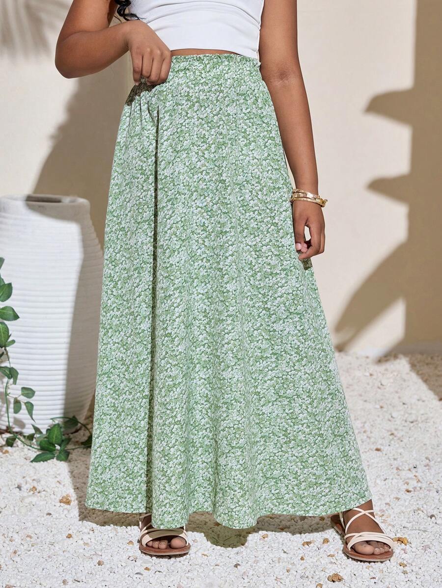 SHEIN 青春期女孩休闲度假碎花中长裙 - 薄荷綠 - 查看 1