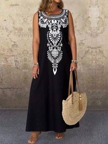 EMERY ROSE 大码无袖撞色花卉印花连衣裙，休闲度假风格 - 黑與白 - 查看 1