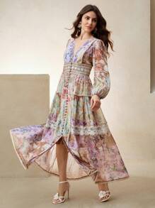 Anewsta 优雅蕾丝印花连衣裙，适合春季、节日、假日、海滩、度假