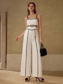 MOTF CONTRAST TRIM CUT OUT CAMI JUMPSUIT - White - View 3