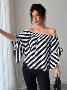 Rafferiza 优雅露肩条纹宽松衬衫，夏季 - 黑與白 - 查看 4