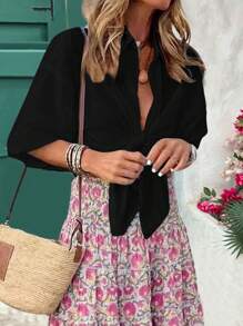 EMERY ROSE Tie-Front Ruched Textured Chiffon Blouse, Suitable For Spring/Summer - Black - View 1