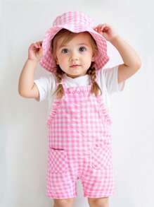SHEIN Playful Pals Bộ đồ liền thân kẻ caro thường ngày cho bé gái, mùa hè - Hồng - Xem 3