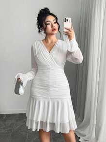 Modelyn Elegant Semi-Sheer Layered Ruffle Dress - White - View 4