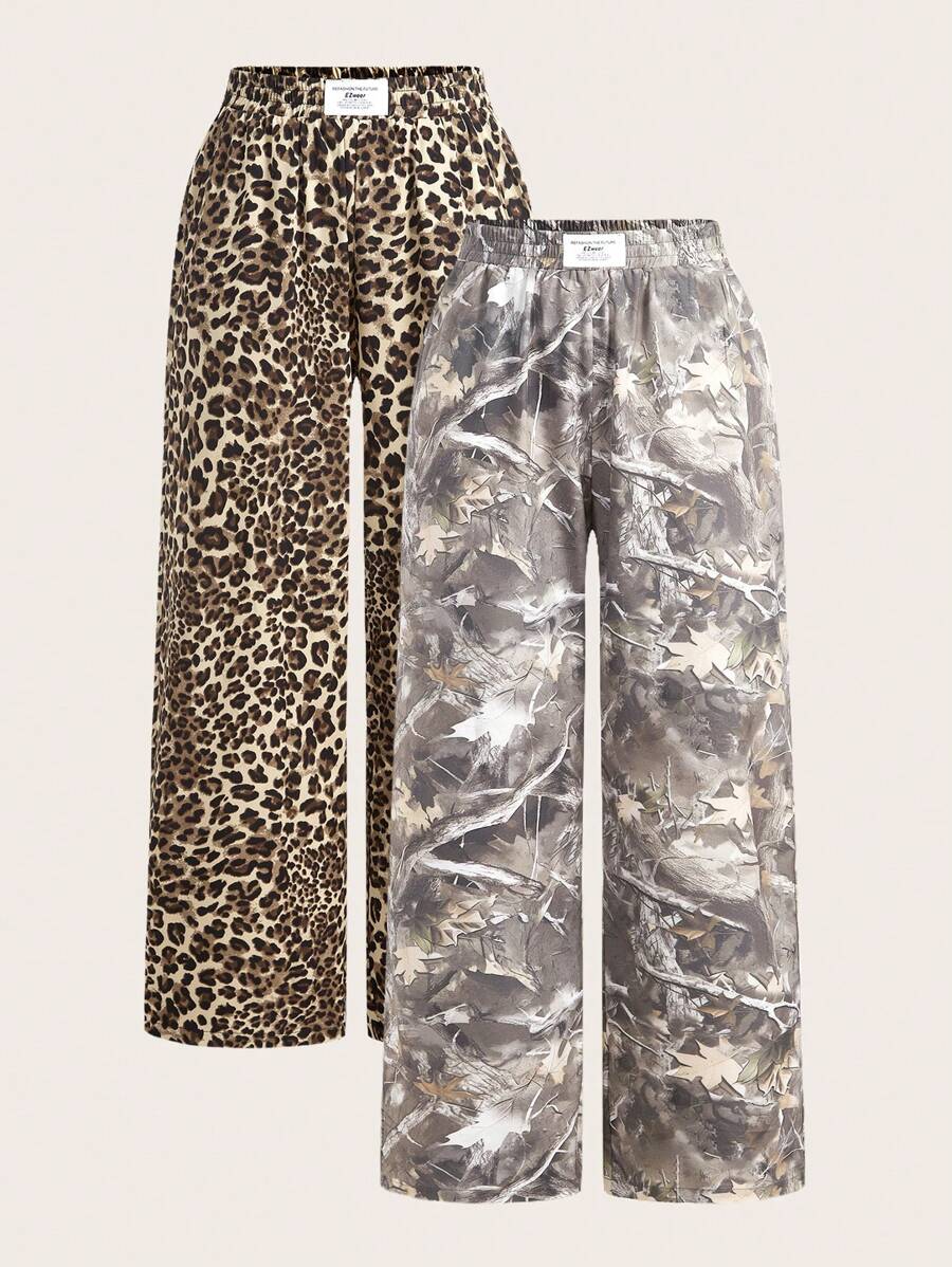 SHEIN EZwear 梭织双色豹纹女式休闲喇叭裤 - 彩色 - 查看 1