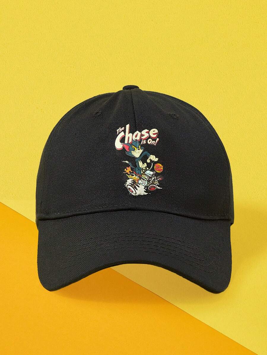 TOM & JERRY X SHEIN Casual Cartoon Cat Print Black Baseball Cap - Black - View 1