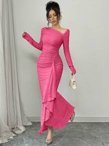 Elenzga Women's Elegant Fashionable Commuting Charming Long Sleeve Asymmetrical Collar Ruched Waist Bodycon Textured Knit Maxi Dress Fall Cloth For Women