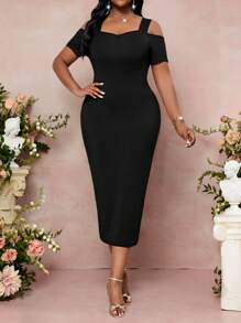 SHEIN Lady Đầm bodycon tay ngắn hở vai cỡ lớn cho nữ trang phục du ngoạn thanh lịch dành cho nữ, Đầm trang trọng dành cho nữ - màu đen - Xem 1