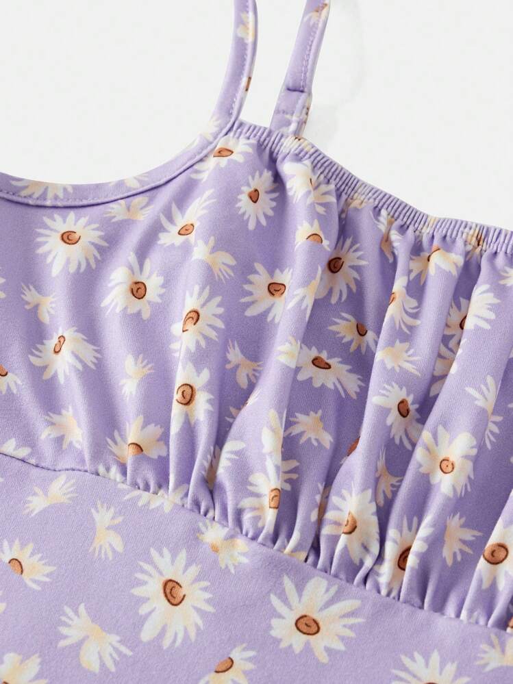 SHEIN Girlism Tween Girl Knitted Ditsy Floral Casual Spaghetti Strap Split Hem Dress - Mauve Purple - View 4