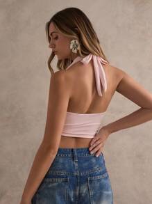 Glamine Pink Color Sexy Ruched V Neck Backless Top,Date Night,Summer Tops,Women Beach,Club,Pool Party Top - Pink - View 5