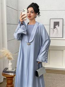 Yasmyna 女士优雅宽松喇叭袖金属纽扣长袍，端庄长袍 - 藍色 - 查看 4