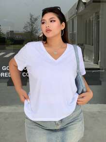 Dazy Plus T-shirt blanc ample à col en V et manches courtes, couleur unie, style preppy, grande taille - Blanc - Voir 5