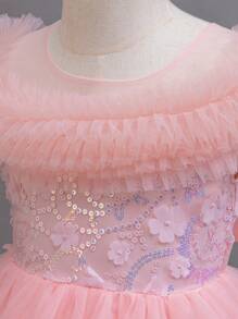 SHEIN Glamorique Kids Đầm voan không tay bồng bềnh, đính pha lê, viền xếp ly, đầm công chúa dự tiệc cho bé gái, đầm dự tiệc Giáng sinh/kỳ nghỉ, mùa thu và mùa đông. - Hồng - Xem 3