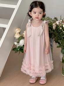 DAZY Baby Girl Bowknot Bandage Mesh Summer Elegant Sleeveless Dress - Dusty Pink - View 3