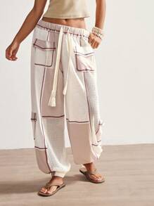 Bohemela Pantalones de pierna ancha de punto remiendados de cintura baja estilo boho casual de vacaciones para mujeres