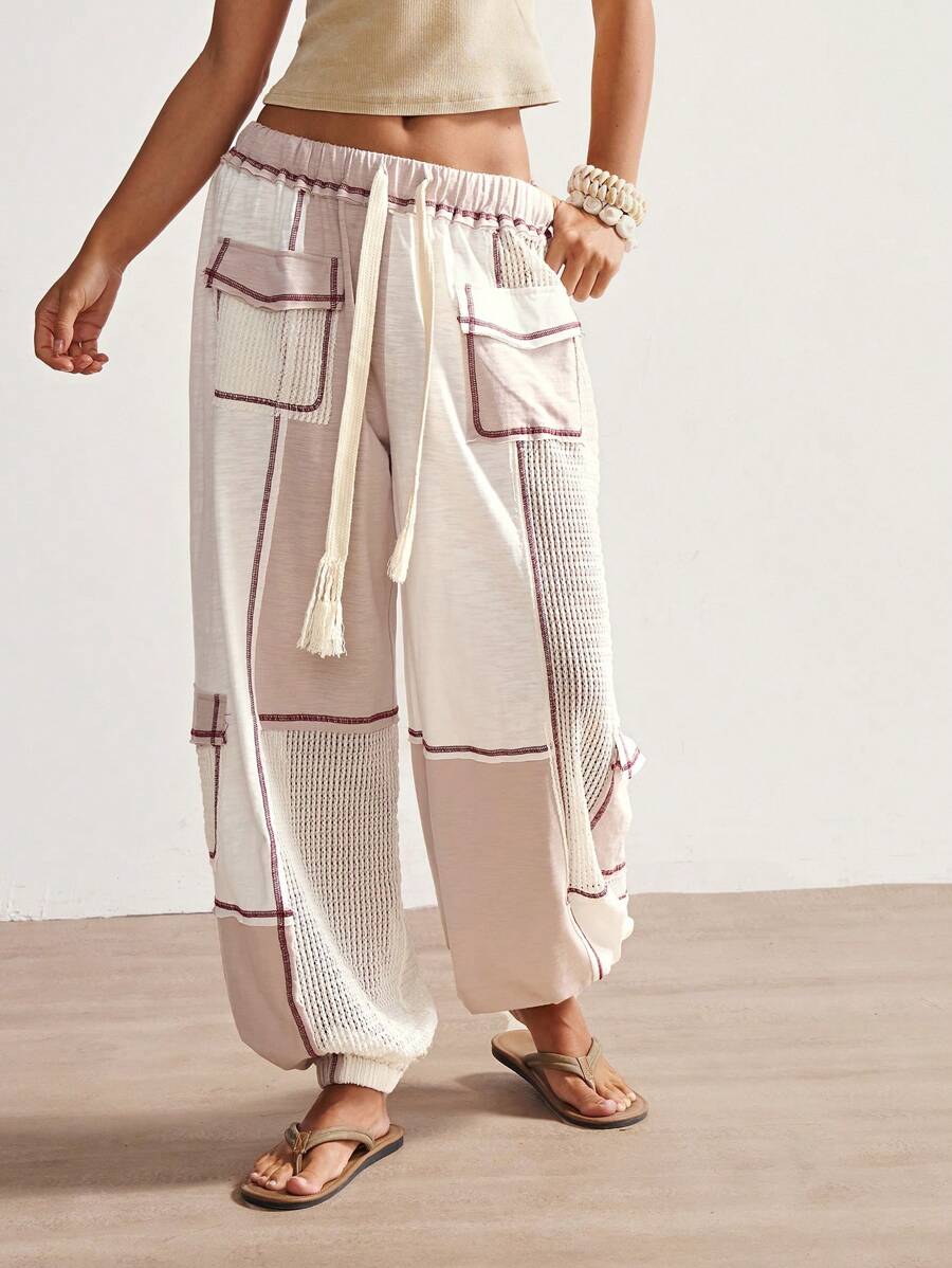 Bohemela Pantalones de pierna ancha de punto remiendados de cintura baja estilo boho casual de vacaciones para mujeres
