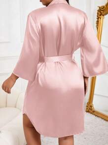 Plus Size Women's Solid Color 3/4 Sleeve Arched Faux Silk Robe Luxe Loungewear, For Fall