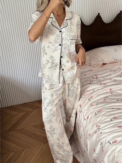 Bloemen Tree Rabbit Print Short Sleeve Pants Collar Pajama Set Cozy Elegante view 5