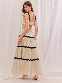 L'Amorae Summer Women Outfit, Beige Ruched Cami Top With Contrast Black Wavy Trims And Maxi Skirt - Apricot - View 3
