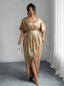 Elenzga 大码女式优雅纯色V领夏季金色连衣裙，腰部收紧，随机花卉印花，侧开衩，短袖，欧美风格 - 金色 - 查看 3