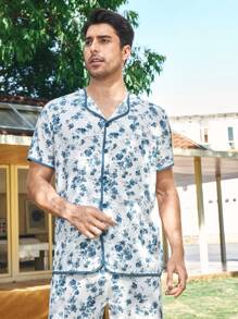 Manfinity 墨色花卉印花领开衫和休闲裤男士睡衣套装 - 藍色 - 查看 7