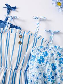 SHEIN Elladie kids Bộ đồ liền thân buộc dây phía trước họa tiết sọc + hoa cho bé gái - Màu xanh lam - Xem 3