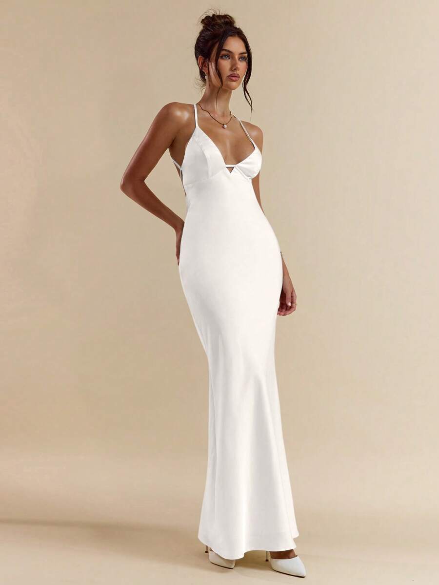 SHEIN BAE Apricot & White Deep V-Neck Backless Tie-Up Dress, Elegant Long Dress For Vacation, Wedding Bridesmaid, Birthday Party, Back To School Graduation, Spring/Summer,Bodycon Dress - White - View 1