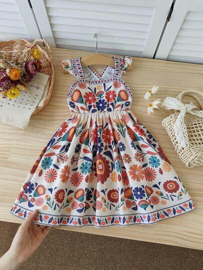Infant Baby Girls' 0-3 Years Vacation Casual Short Cap Sleeve Bohemian Style Long Dress, Suitable For Outdoor Wear, Spring/Summer
