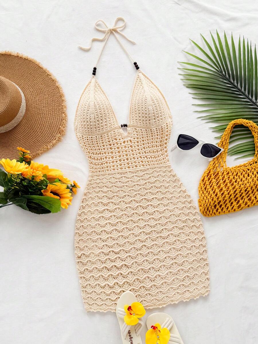 Soleia 大码性感细肩带 V 领镂空珠饰修身针织连衣裙，度假细肩带露背渐变色连衣裙，适合度假、约会、下午茶、音乐节、波西米亚风