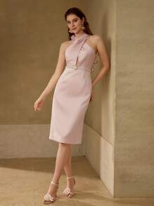 MOTF PREMIUM FLORAL APPLIQUED CRISS CROSS BACK COCKTAIL DRESS,VALENTINE'S DAY OUTFIT - Pink - View 5