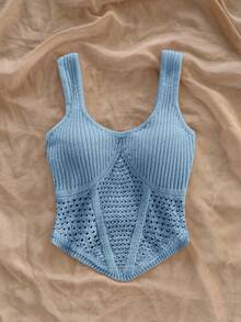 Soleia 全新优雅度假腰部设计针织无袖上衣 - 藍色 - 查看 4