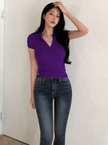 DAZY 女士休闲纯色紧身 Polo 领 T 恤，夏季，商务休闲女装 - 紫色 - 查看 2