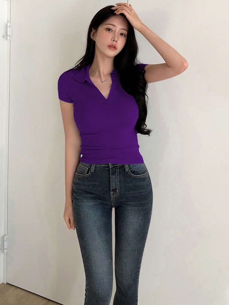 Women's Casual Solid Color Tight-Fit Polo Neck T-Shirt, Summer,Business Casual Women