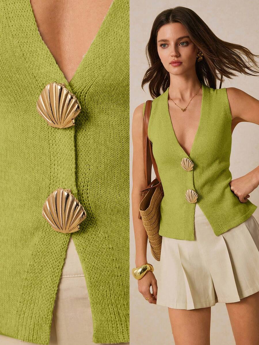 Poéselle 女士金属外壳V领无袖薄款开衫 - 綠色 - 查看 1