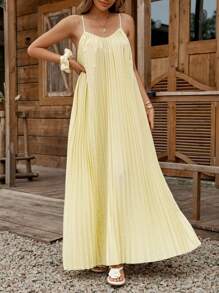 SHEIN LUNE 奶油黄女士夏季度假纯色宽松褶皱吊带连衣裙 黄色正式连衣裙 黄色真丝连衣裙 女士夏季连衣裙 毕业礼服 女士连衣裙 夏季防晒连衣裙 婚礼宾客礼服 - 綠色 - 查看 5