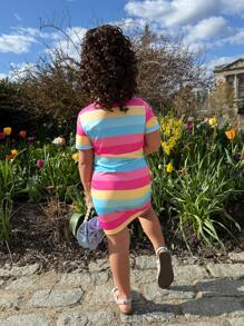 Young Girls Sweet & Cute Rainbow Striped Polo Collar Casual Everyday Comfortable Versatile Dress - Multicolor - View 2