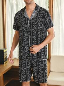 CoupledUp Floral Print Lapel Collar Short Sleeve Shorts Men Pajama Set - Black - View 5