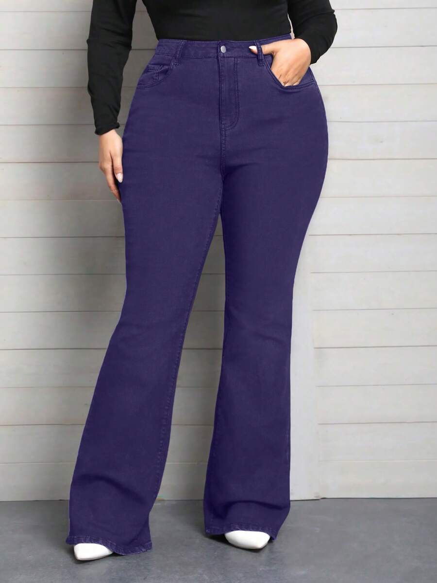 SHEIN Privé Plus Size Solid Color Flared Pants, Fashion & Stretchy Design Suitable For Summer - Purple - View 1