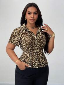 Celure Women Plus Size Elegant Leopard Print Collar Button Front Short Sleeve Blouse Top, Fashionable Design Fitted Shirt For Spring/Summer
