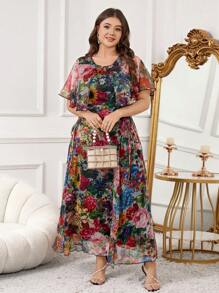 SHEIN Clasi Plus Size Women Vacation All Over Print Round Neck Side Tie Waist Dress,Flowy Dress,Sun Dresses For Women