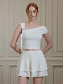 SHEIN MOD Dreamy Romantic White Ruffled Asymmetrical Women's Vest And Two-Tiered Skirt Set With Unique Shoulder Straps - Perfect For Vacations, Dates, Birthday Celebrations, Afternoon Teas, And Festivals,Summer,Beach Outfits For Woman,Vacation Outfits Women,Rave Outfits,Country Concert Outfit - White - View 2